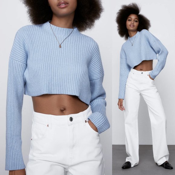 Zara Sweaters - NEW Zara Cropped Ribbed Sweater Mock Neck Soft Cozy Light Blue M